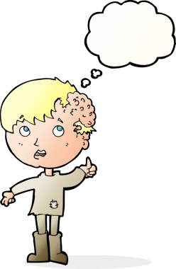 Kafasında bir insan tarafından çizilmiş düşünce balonuyla büyüyen çizgi film çocuğu.