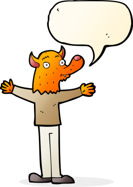 Bir insan tarafından çizilmiş konuşma balonu olan tilki dostu çizgi film karakteri.