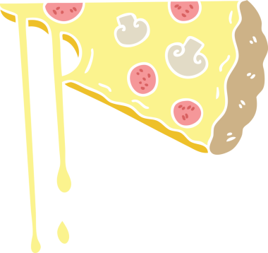 Bir insan tarafından çizilmiş tuhaf bir çizgi film peynirli pizza.