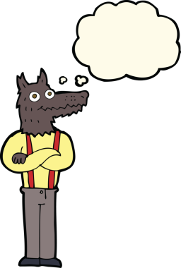 Bir insan tarafından çizilmiş düşünce balonu olan komik bir kurt adam.