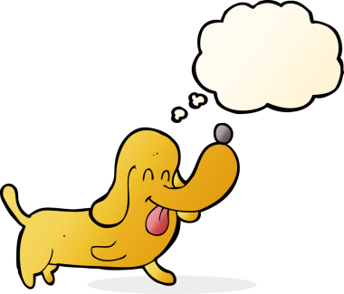 Bir insan tarafından çizilmiş düşünce balonlu mutlu bir köpek.