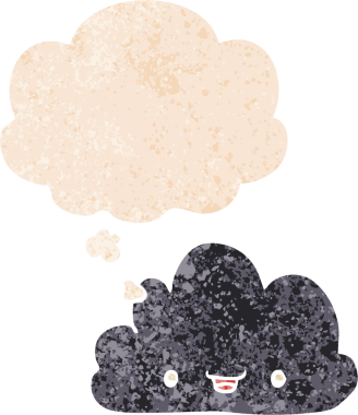 Mutlu karikatür bulutu. Düşünce baloncuğu grunge 'da. Sıkıntılı retro desenli bir insan çizimi.