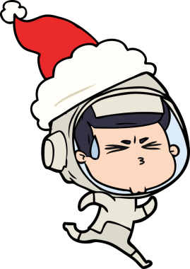 Bir insan tarafından çizilmiş Noel Baba şapkası giyen stresli bir astronotun el çizimi.