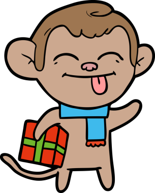 Bir insan tarafından çizilmiş Noel hediyeli komik çizgi film maymunu.