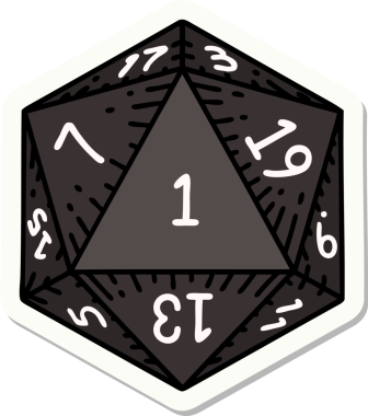 Bir insan tarafından çizilmiş doğal 1 D20 zar etiketi.