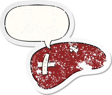 Karaciğeri konuşma baloncuğuyla onaran karaciğer bir insan tarafından çizilmiş sıkıntılı eski bir çıkartma.