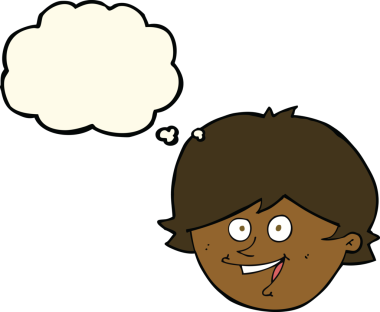 Bir insan tarafından çizilmiş düşünce baloncuklu mutlu çocuk yüzü.