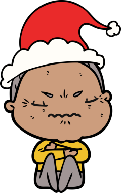 Bir insan tarafından çizilmiş Noel Baba şapkası giyen sinirli yaşlı bir kadının el çizimi.