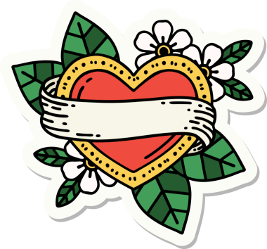 Bir insan tarafından çizilmiş geleneksel bir kalp ve bayrak stili dövme çıkartması.