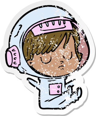 Bir insan tarafından çizilmiş karikatür astronot kadının sıkıntılı çıkartması.