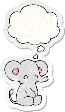 Düşünce baloncuğu olan sevimli çizgi film fili bir insan tarafından çizilmiş yıpranmış bir çıkartma gibi.