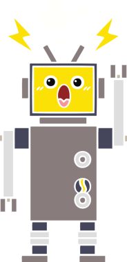 Bir insan tarafından çizilmiş bozuk bir robotun düz renkli retro karikatürü