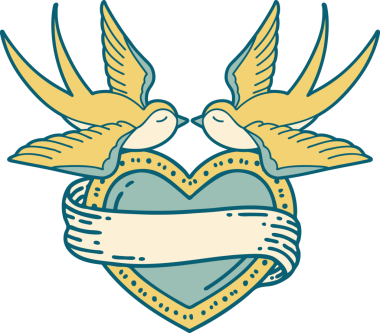 Kırlangıçların ikonik dövme şekli ve bir insan tarafından çizilmiş bir kalp.