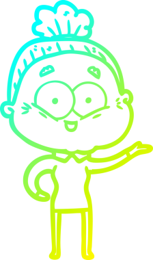 Bir insan tarafından çizilmiş, mutlu, yaşlı bir kadının çizimi.