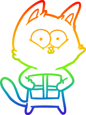 Gökkuşağı gradyan çizgi çizimi bir insan tarafından çizilmiş noel hediyesini elinde tutan bir kedi çizgi filmi