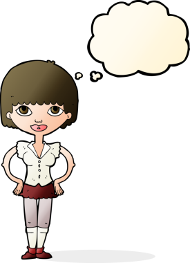 Bir insan tarafından çizilmiş düşünce baloncuğu olan elleri kalçasında çizgi film kadını.