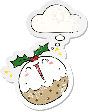 Düşünce baloncuklu tatlı çizgi film pudingi insan tarafından çizilmiş yıpranmış bir çıkartma.