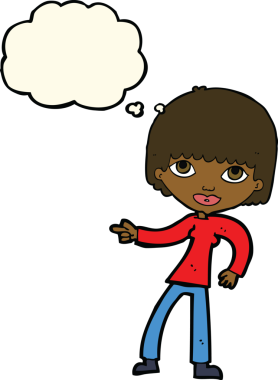 Bir insan tarafından çizilmiş düşünce balonuyla işaret eden çizgi film kadını.