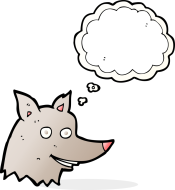 Bir insan tarafından çizilmiş düşünce balonlu bir kurt kafası.