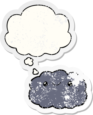 Düşünce baloncuklu karikatür bulutu bir insan tarafından çizilmiş yıpranmış bir çıkartma gibi.