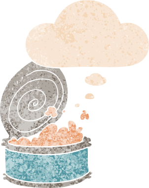 Bir insan tarafından çizilmiş, grunge dertli retro desenli düşünce baloncuklu karikatür balığı.