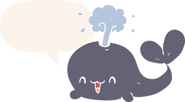 Konuşma baloncuğu olan çizgi film balinası insan tarafından çizilmiş.