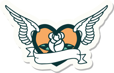 Geleneksel bir dövme stili. Uçan kalp. Çiçekler ve bir insan tarafından çizilmiş bayrak.