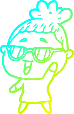 Bir insan tarafından çizilmiş gözlük takan mutlu bir kadının çizgi film çizimi.