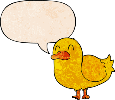 Bir insan tarafından çizilmiş eski moda konuşma baloncuklu çizgi film ördeği.