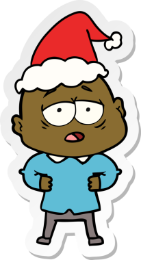 Bir insan tarafından çizilmiş Noel Baba şapkası giymiş yorgun kel bir adamın el yazısı.