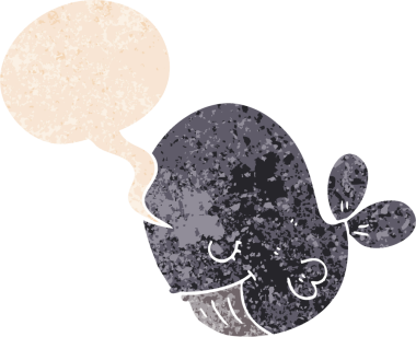 Bir insan tarafından çizilmiş grunge dertli retro tarzı konuşma balinası ile çizgi film balinası