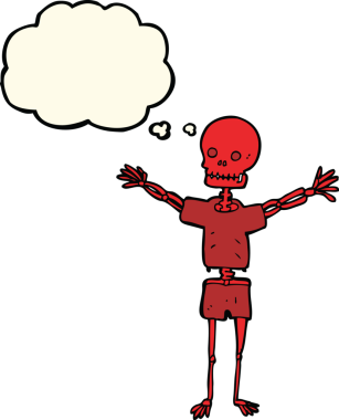 Bir insan tarafından çizilmiş düşünce baloncuklu giysiler içinde bir iskelet.