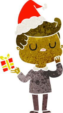 Bir insan tarafından çizilmiş Noel Baba şapkası giyen bir adamın el çizimi karikatürü.