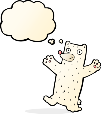 Bir insan tarafından çizilmiş düşünce baloncuklu kutup ayısı çizgi filmi.