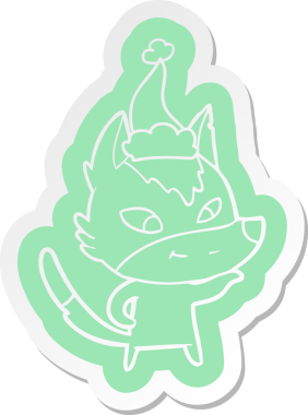 Bir insan tarafından çizilmiş Noel Baba şapkası takan bir kurdun dostça bir çizgi film çıkartması.