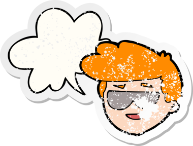 Güneş gözlüğü takan, konuşma baloncuklu çizgi film çocuğu bir insan tarafından çizilmiş sıkıntılı eski bir çıkartma.