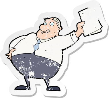 Bir insan tarafından çizilmiş kağıtları sallayan bir karikatür patronunun gerilimli çıkartması.