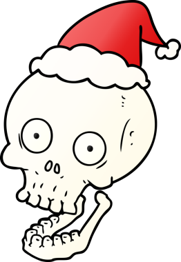 Bir insan tarafından çizilmiş Noel Baba şapkası giymiş bir kafatası çizimi.