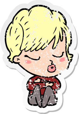 Bir insan tarafından çizilmiş gözleri olan karikatürlü bir kadının sıkıntılı çıkartması.