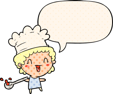 Bir insan tarafından çizilmiş çizgi roman tarzı konuşma balonu olan sevimli, mutlu bir şef.