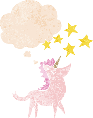 Düşünce baloncuklu çizgi film tek boynuzlu at grunge sıkıntılı retro dokuma tarzı bir insan tarafından çizilmiş