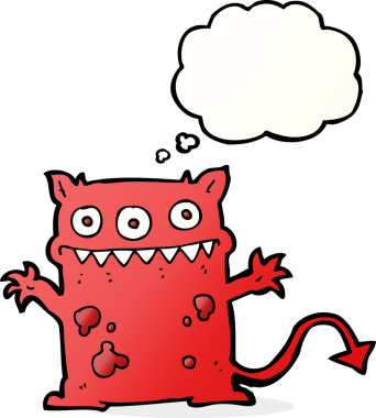 Bir insan tarafından çizilmiş düşünce balonu olan küçük bir canavar.