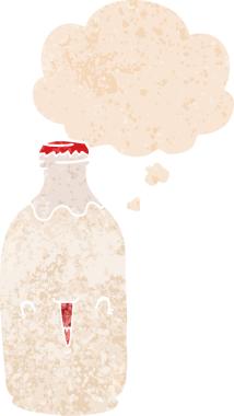 Hoş bir çizgi film süt şişesi. Düşünce baloncuğu ve grunge dertli eski moda bir insan tarafından çizilmiş.