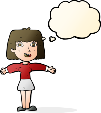 Bir insan tarafından çizilmiş düşünce baloncuğu olan heyecanlı bir kadın.