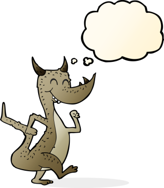 Bir insan tarafından çizilmiş düşünce balonlu mutlu ejderha çizgi filmi.