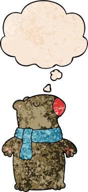 Bir insan tarafından çizilmiş grunge desenli düşünce baloncuklu çizgi film ayısı.