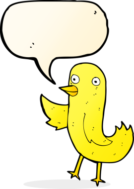 Bir insan tarafından çizilmiş konuşma baloncuklu komik çizgi film kuşu.