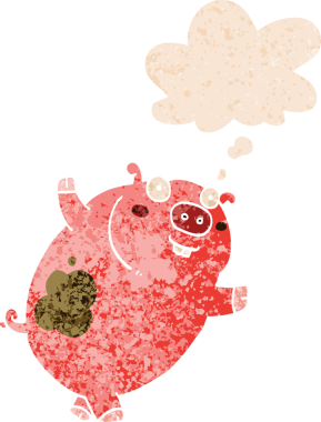 Komik çizgi film domuzu. Düşünce baloncuğu ve grunge dertli eski moda bir insan tarafından çizilmiş.