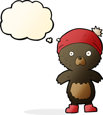 Bir insan tarafından çizilmiş düşünce baloncuklu şirin oyuncak ayı.