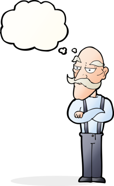 Bir insan tarafından çizilen düşünce baloncuğuyla sıkılmış yaşlı bir adam.